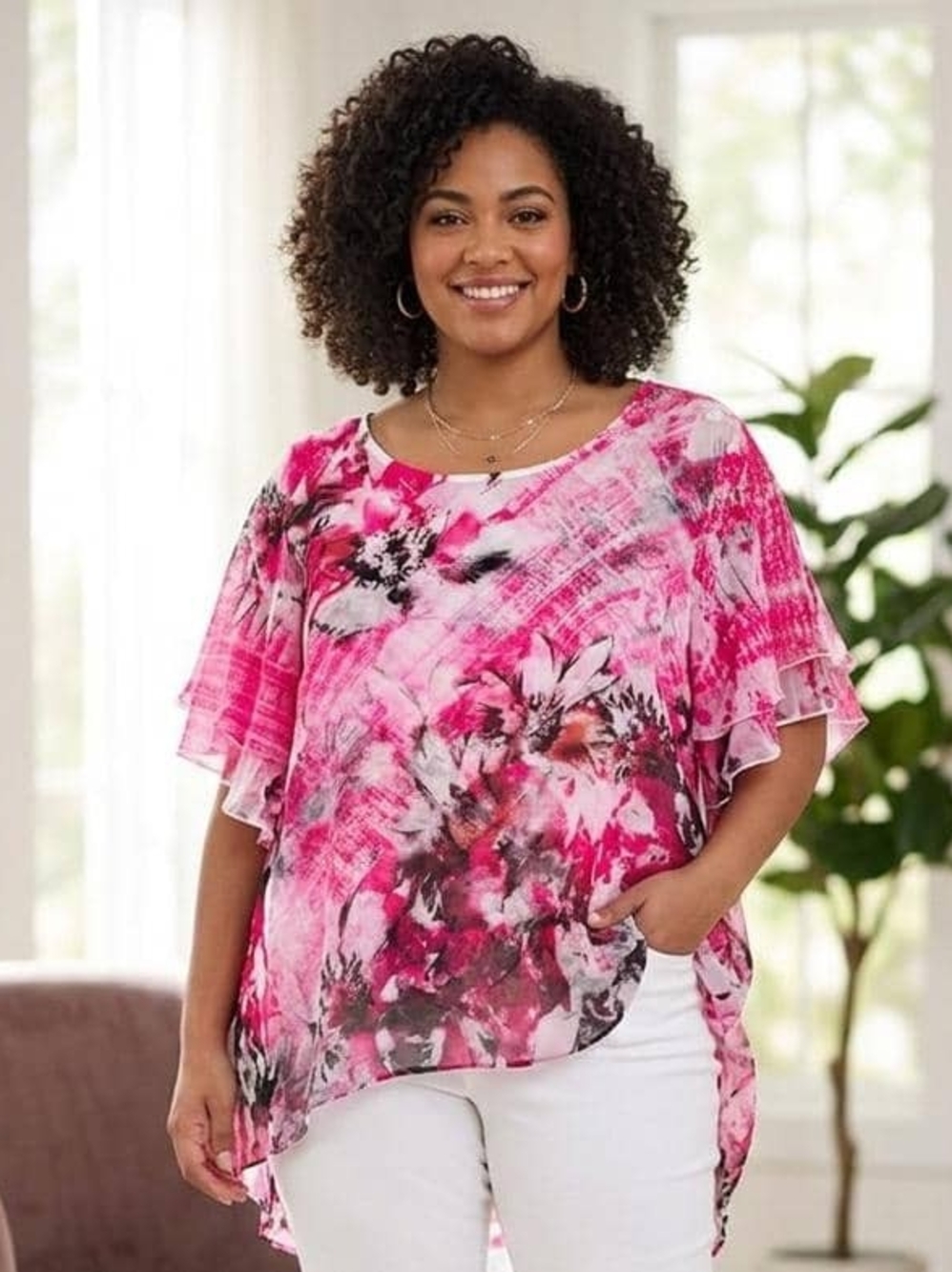 Style & Co. Pink Floral Layered Flutter-Sleeve Tunic Top • Size 3x